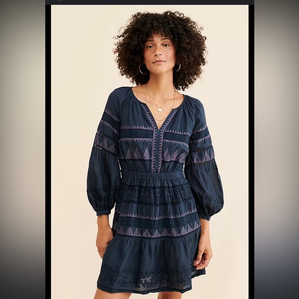Anthropologie Navy Blue Embroidered Long-Sleeve Mini Dress